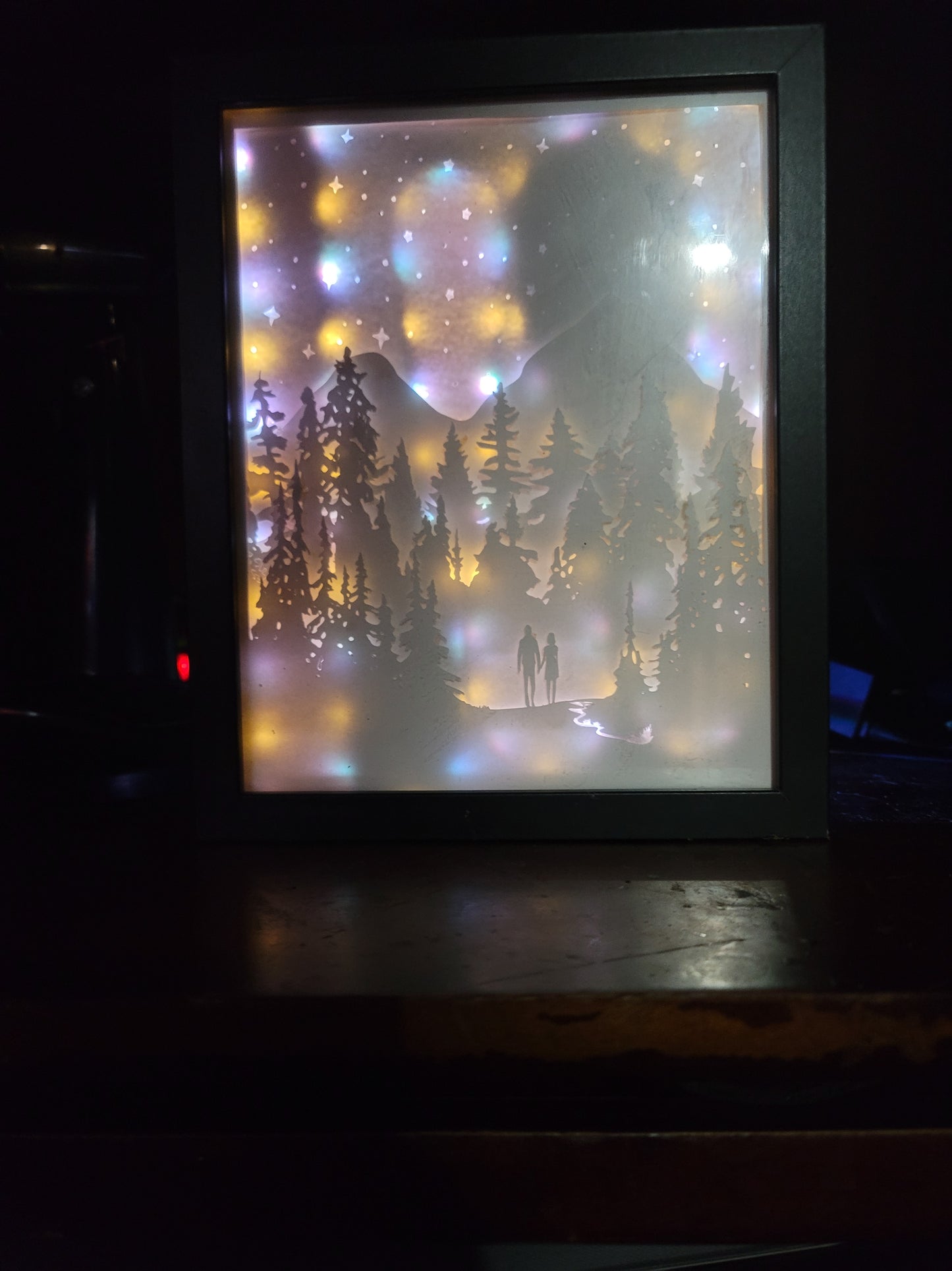 Shadow box couple walking in the forest