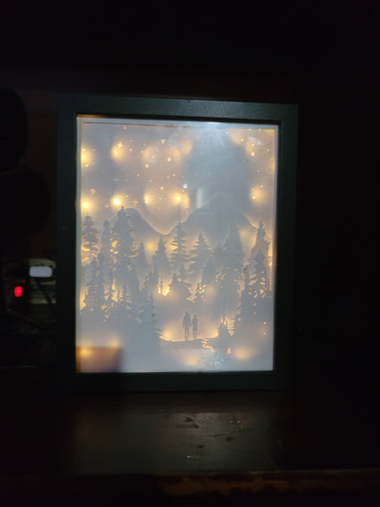 Shadow box couple walking in the forest